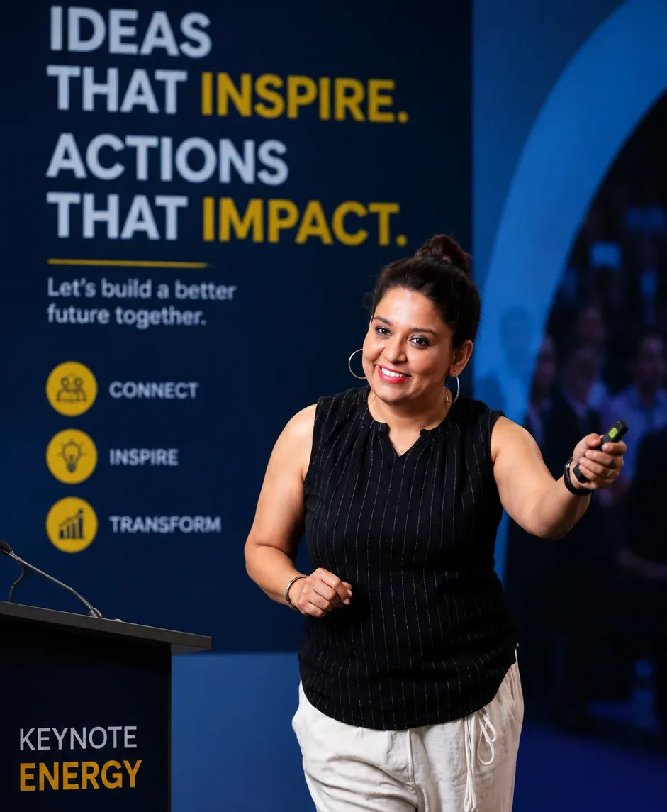 Meera Grover delivering a keynote on stage